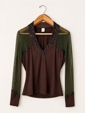 Kay Celine Beaded Mesh Sleeve V Neck Top Y2K Boho Woodland Size Large